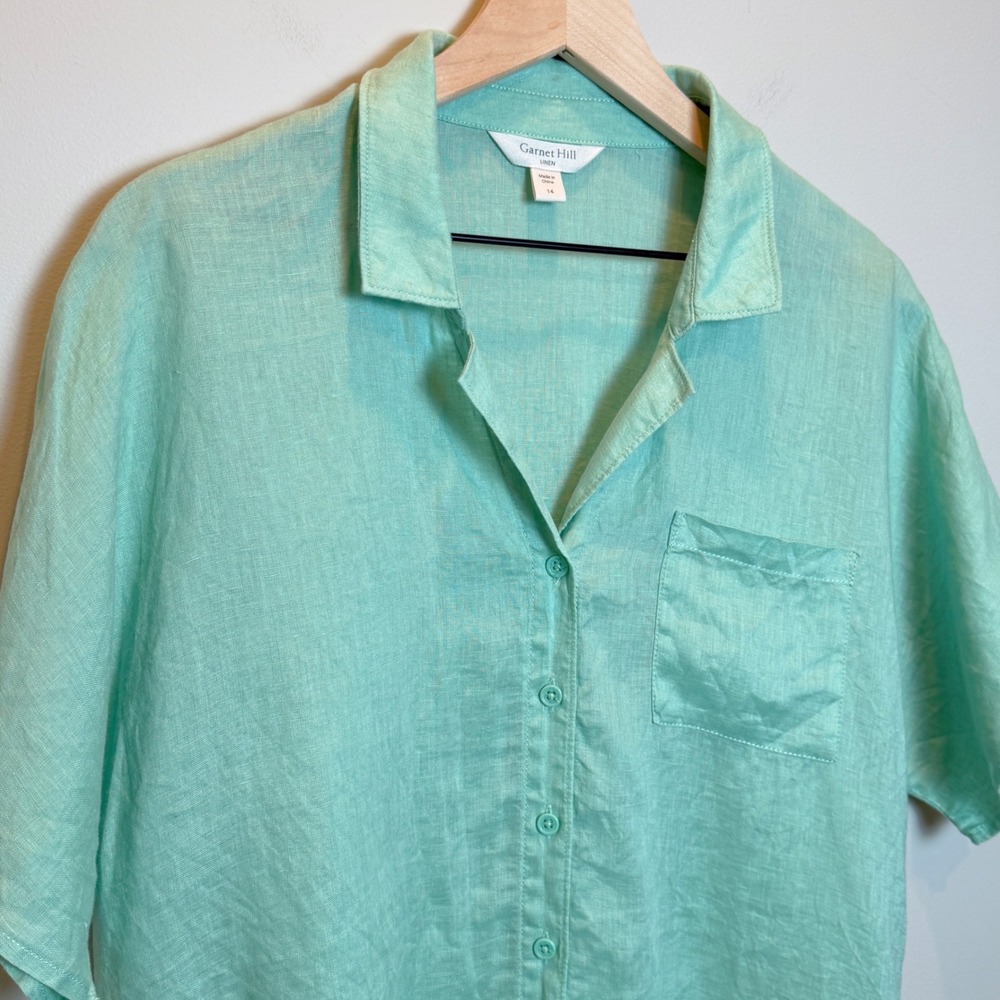 Garnet Hill 14 100% Linen Dolman Sleeve Button Down Shirt Top Seafoam Green - Picture 3 of 9